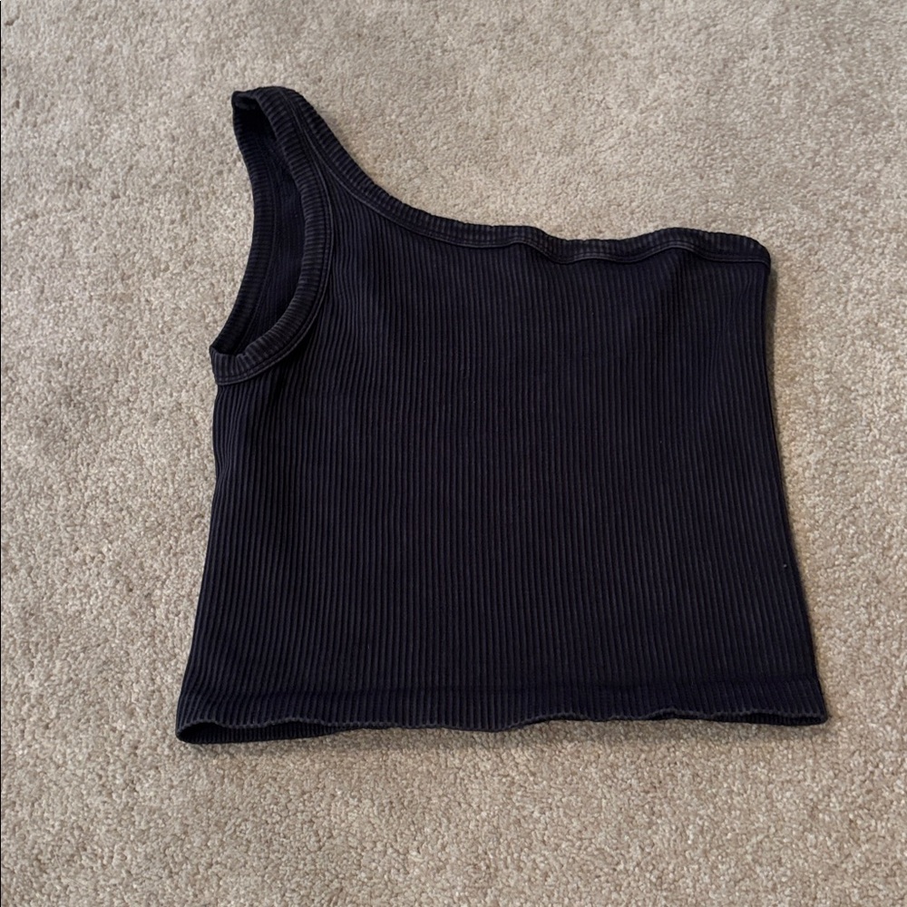 Black One-Shoulder Ribbed Tank Top